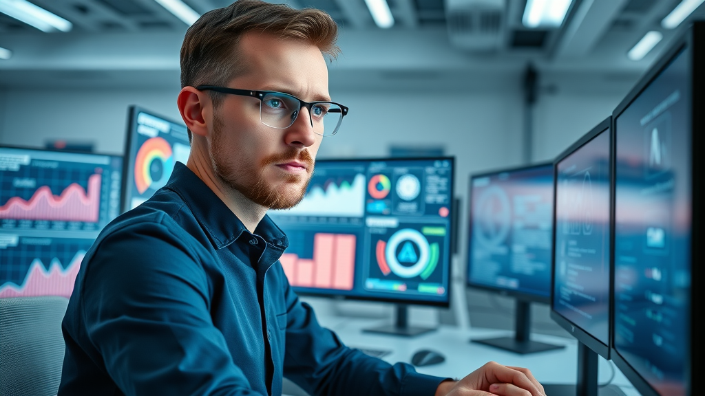 Digital marketer reviewing AI-generated marketing data dashboards for insights, modern workspace with AI icons and glowing holograms