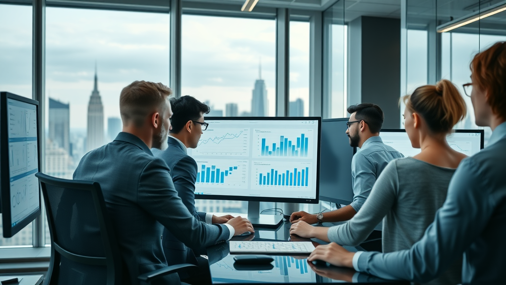 digital marketing for contractors - Diverse team analyzing marketing analytics in a modern contractor office setting with a city skyline