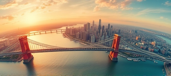 dynamic media channel streaming, seamless experience, streaming live, photorealistic, with a vibrant cityscape featuring bridges and rivers in the background, highly detailed, digital waves and pixelated effects, 6k resolution, warm tones, golden hour lighting, shot with a fisheye lens.