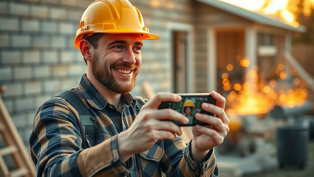social media for contractors - Engaging contractor using smartphone to post project photos to social media at a live construction project