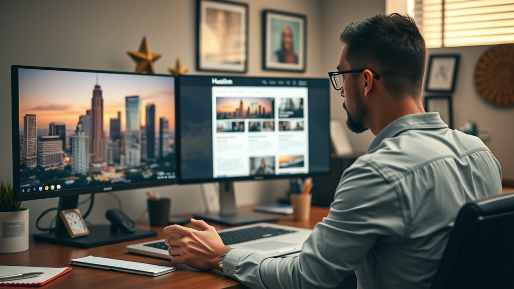 Houston email marketer reviewing segmented lists and engaging campaigns with local skyline watermark.