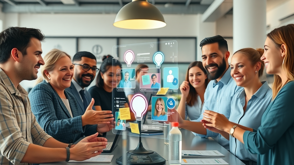 Digital marketers brainstorming AI-powered content ideas around interactive holographic displays for content creation and customization