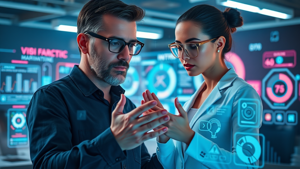 visionary marketer collaborating with futuristic AI assistant, brainstorming ideas, human insight, interactive holograms, optimal content creation