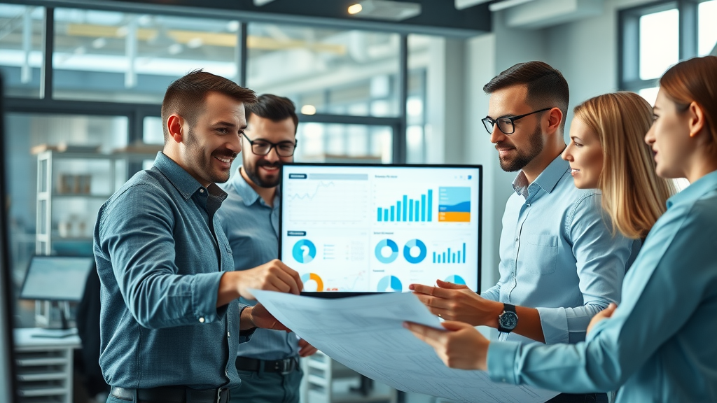 Construction team analyzing AI marketing data, collaborating around AI dashboards for contractors.