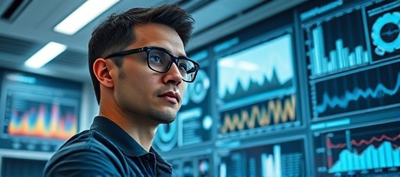 opportunity insights, intrigued look, interpreting complex information, photorealistic, digital workspace filled with graphs, highly detailed, futuristic tech elements, high clarity, neutral colors, diffused ceiling light, shot with an 85mm lens.