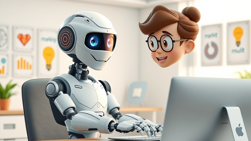 Efficient AI robot assistant helping a marketer at the computer - AI marketing assistant tool