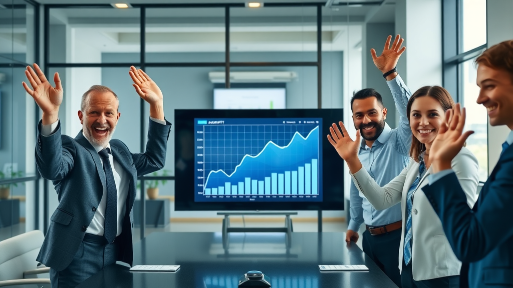 business team celebrating successful authority building using automated tools with growth stats