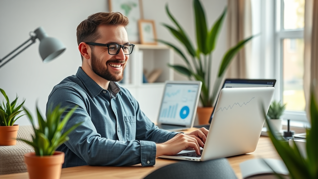 Digital marketer monitoring email marketing analytics, pleased by conversion improvements via machine learning
