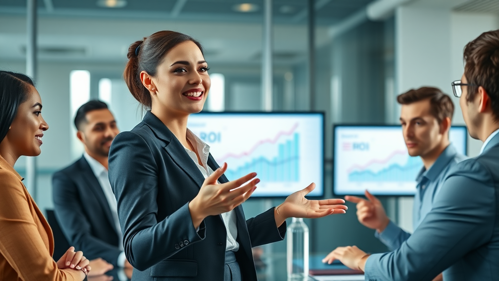 Confident businesswoman presenting upward-trending ROI charts on digital screens, showcasing benefits of predictive content marketing to the marketing team.
