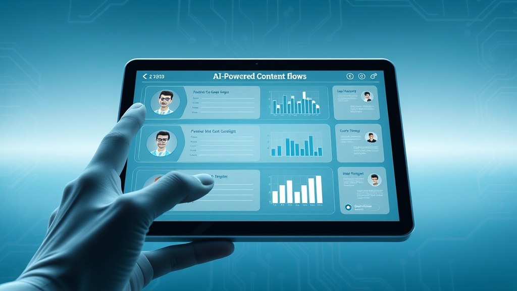 sleek AI-powered interface illustrating personalized content flows on a futuristic tablet, generative AI, personalized content, user avatars, digital animation