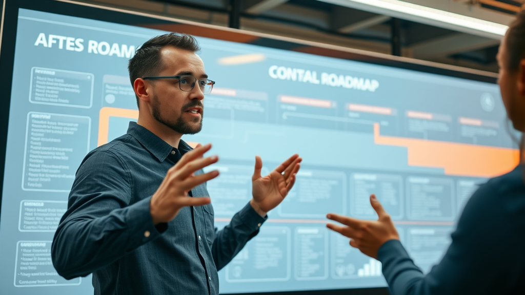 Contractor outlining AI marketing strategy on digital whiteboard in a workspace.