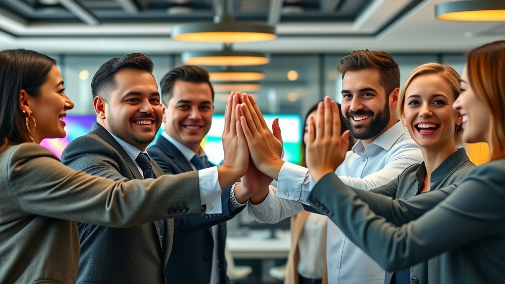 happy business team celebrating digital marketing optimization success, online presence boost