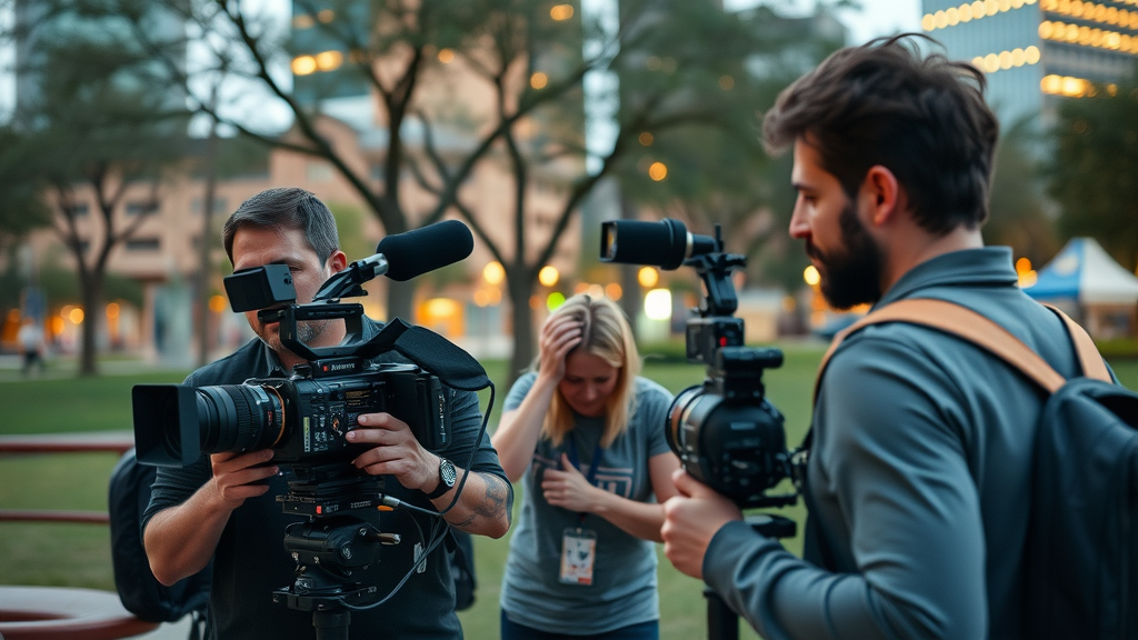 creative video production team filming in urban Houston, lively and collaborative, capturing a local influencer. Houston Video Content Marketing.