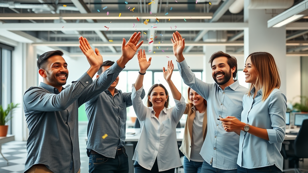 Marketing team celebrating success using AI marketing tools
