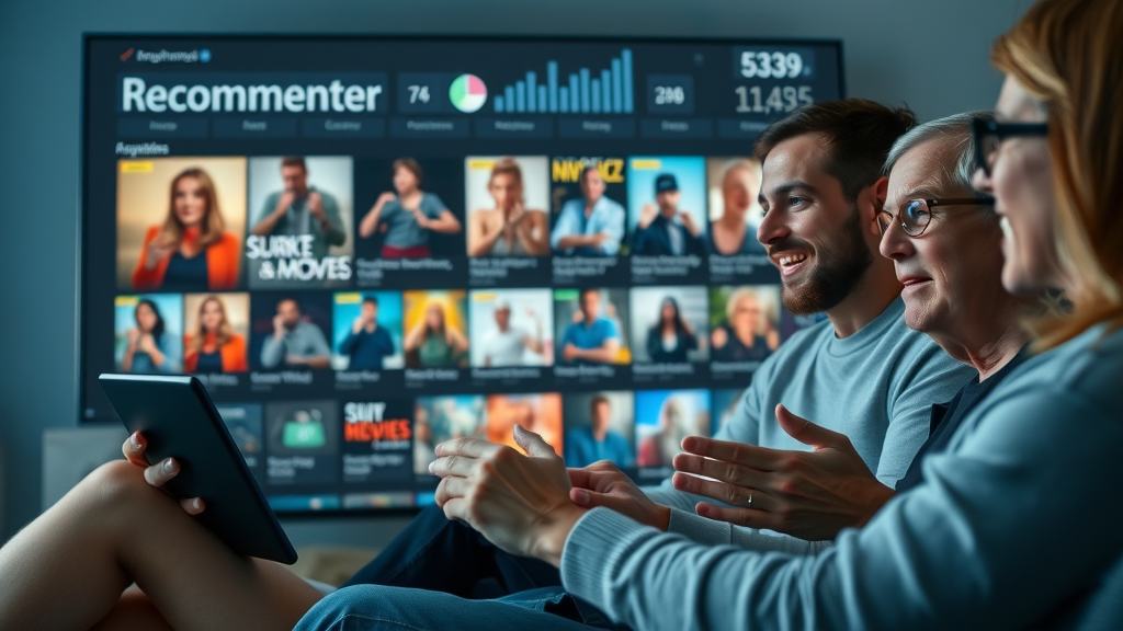 content recommendation algorithms user interface streaming platform, users scrolling through recommended movies, engagement statistics overlay, photorealistic modern app