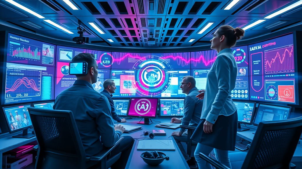 futuristic marketing control center, visionary marketers, conversational AI, adaptive content, digital hologram projections, electric blue and magenta, machine learning marketing Houston