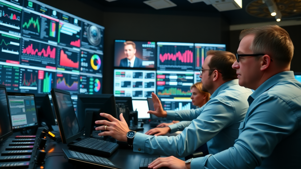 team of marketers optimizing marketing campaign data and marketing strategies in a high-tech operations center