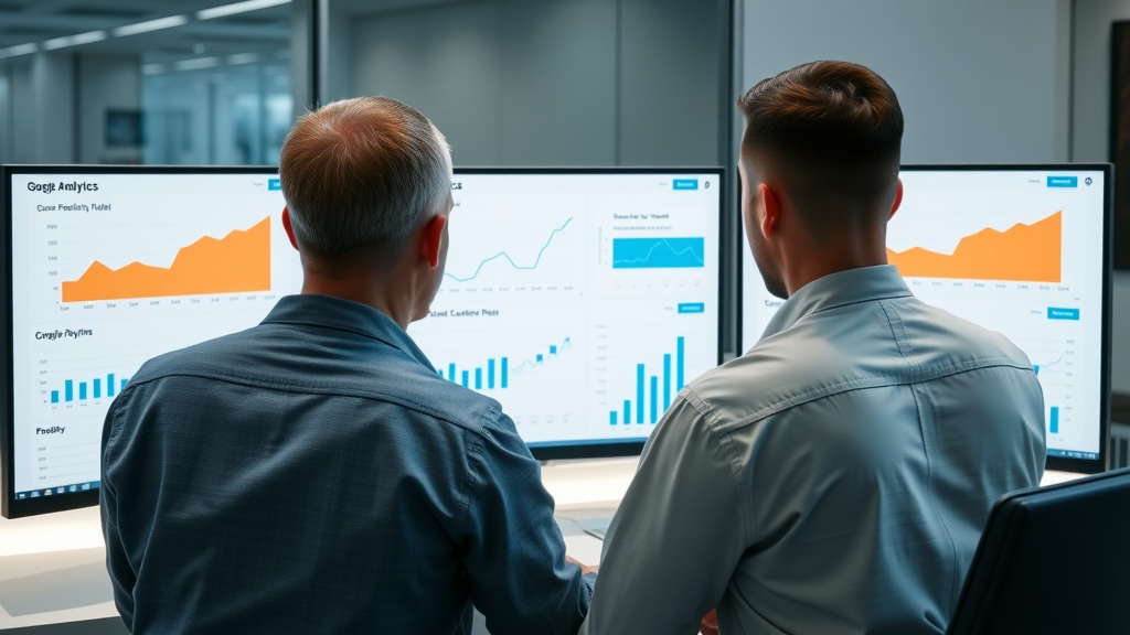 Marketer using Google Analytics dashboard for content performance metrics in data-driven content planning
