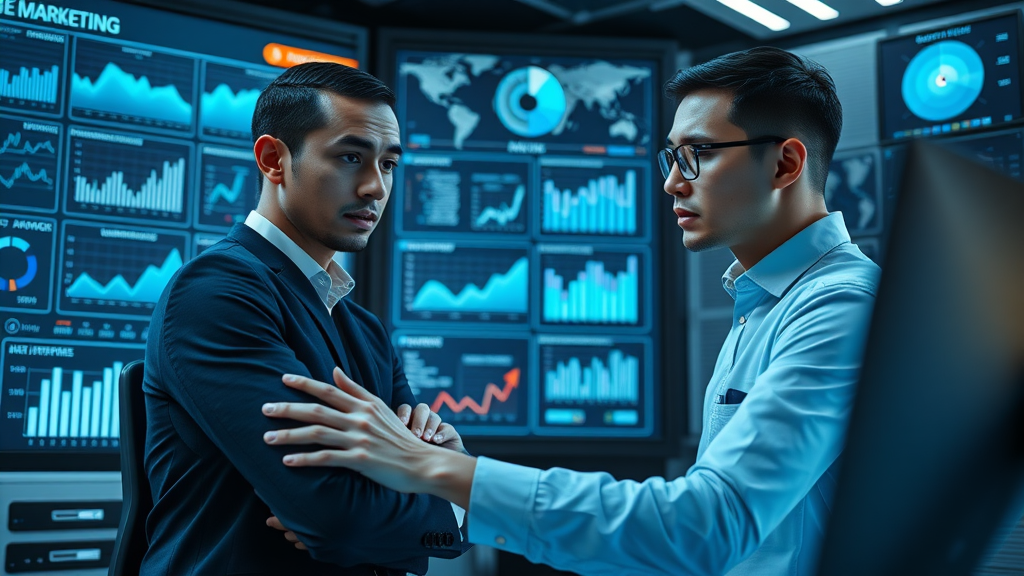 Cutting-edge AI-powered marketing dashboard with marketers analyzing data - AI marketing tools dashboard