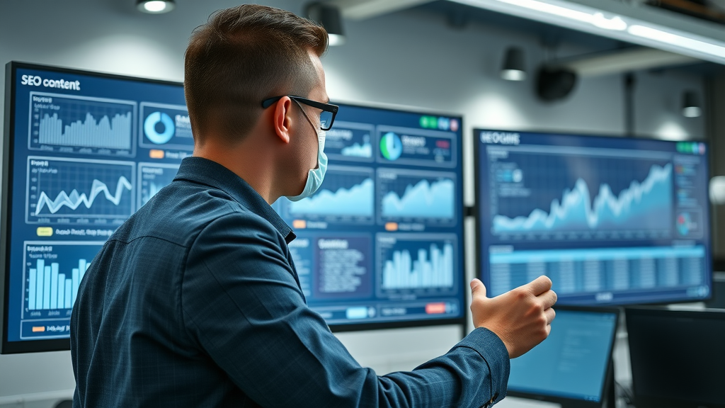 Marketer monitoring SEO analytics dashboard for tracking content generation performance