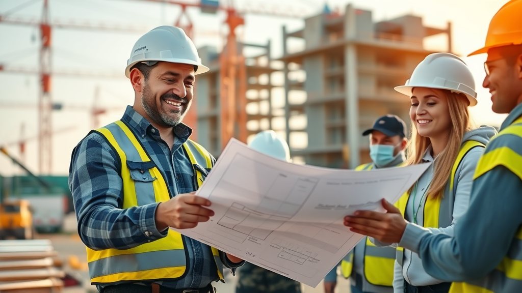 general contractor and team reviewing successful construction project plans onsite