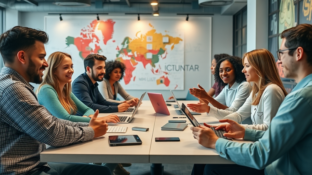 Diverse Houston marketing team brainstorming personalized content ideas around a modern table with digital devices in a colorful, creative workspace.