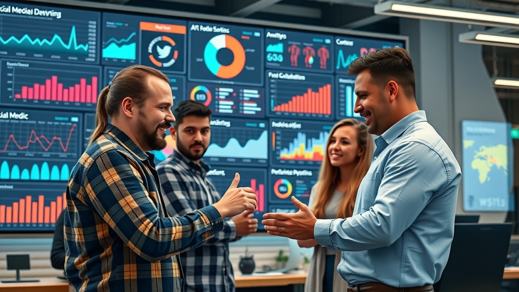 Contractor team using AI-driven analytics for social media content creation and engagement.