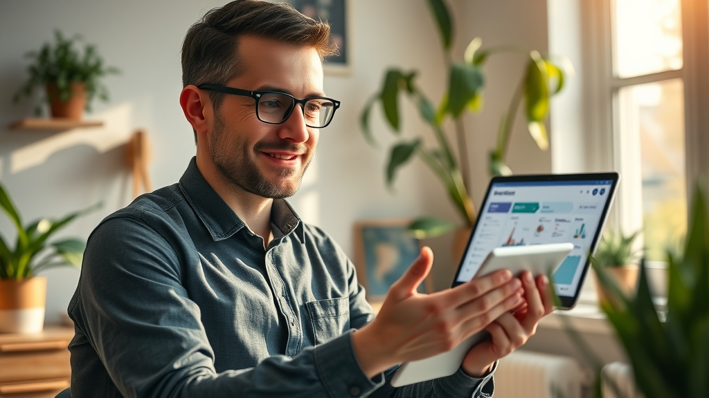 professional setting up marketing automation tool on tablet in home office