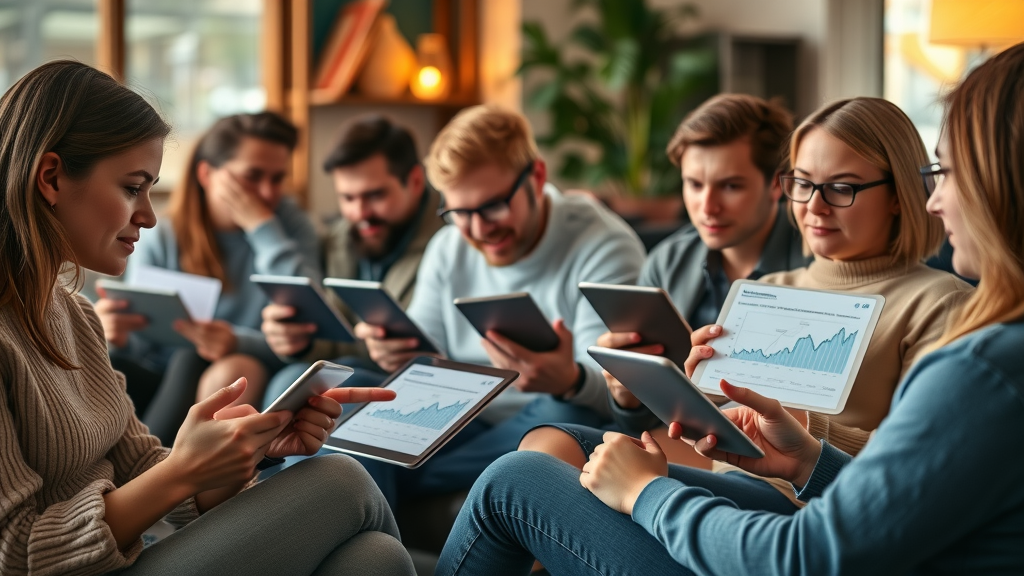 Audience engaging with high-quality SEO content on devices, charts showing engagement for SEO content creation