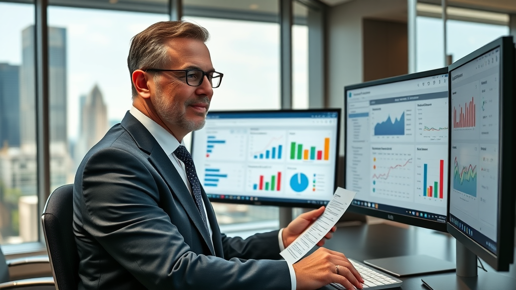 Houston business leader comparing automation tool features and pricing against colorful digital marketing checklists.
