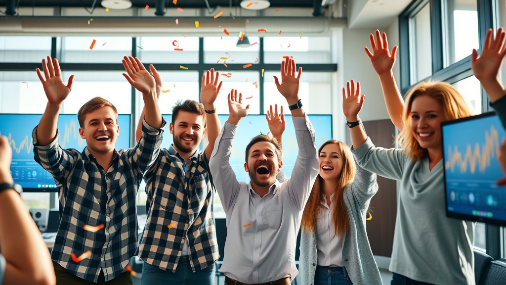 digital marketing team celebrating organic traffic growth after SEO content campaign