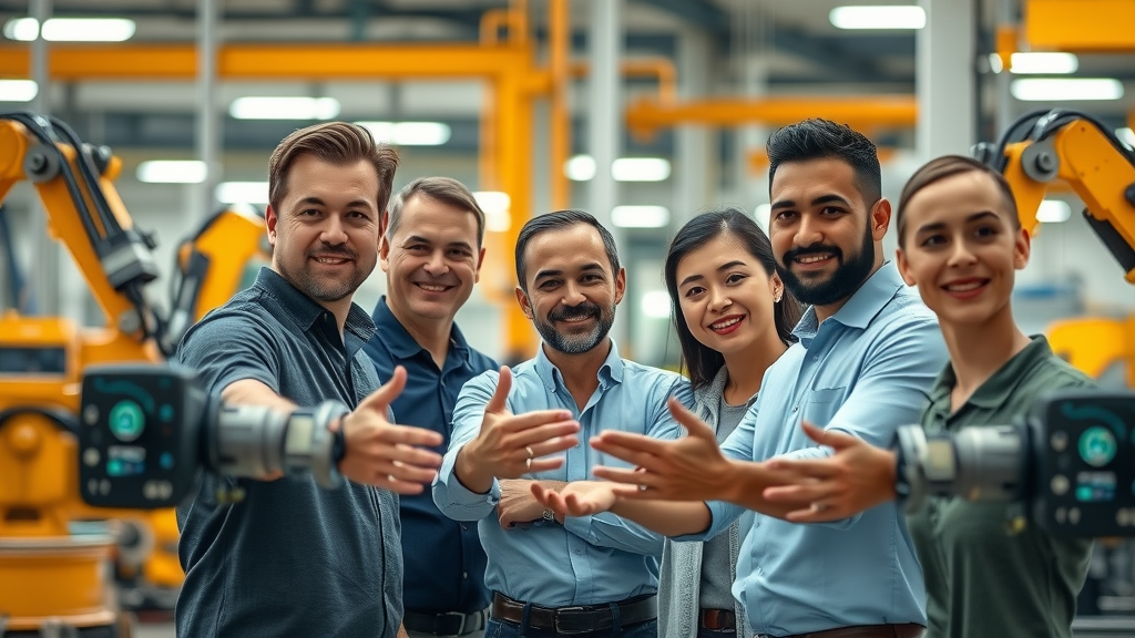 Diverse Houston manufacturing team collaborating with AI-powered machinery, exemplifying manufacturing facility innovation in AI authority building Houston