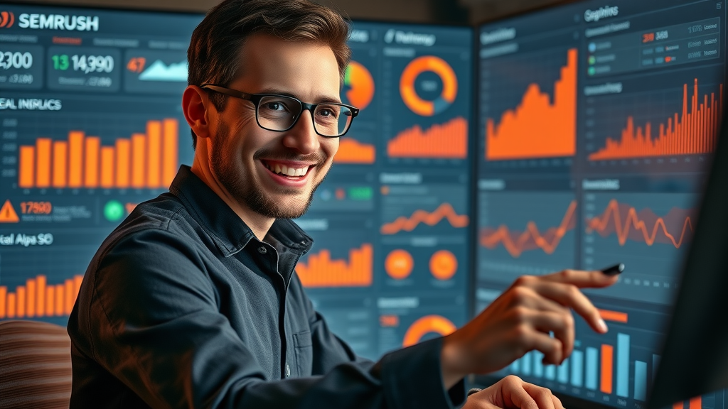 digital marketer exploring SEMrush analysis tool for automated authority building and competitor insights