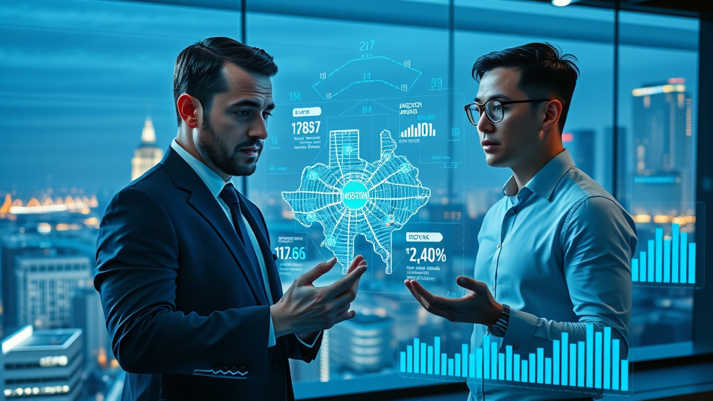 futuristic digital dashboard with graphs and Houston map overlays, business professionals analyzing metrics. Houston Digital Marketing Strategies.