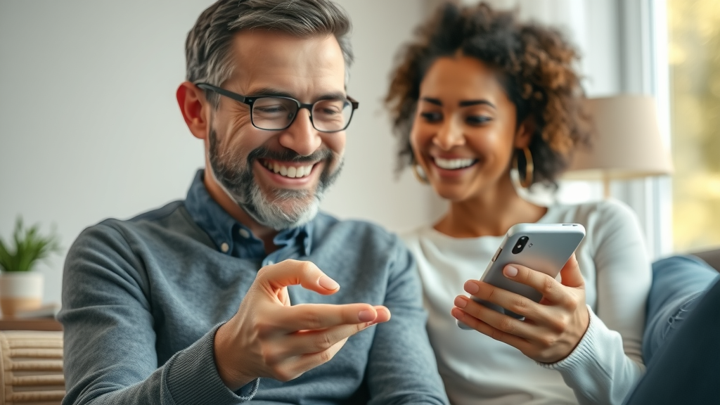 Happy customer receives personalized AI-driven service on smartphone at home.