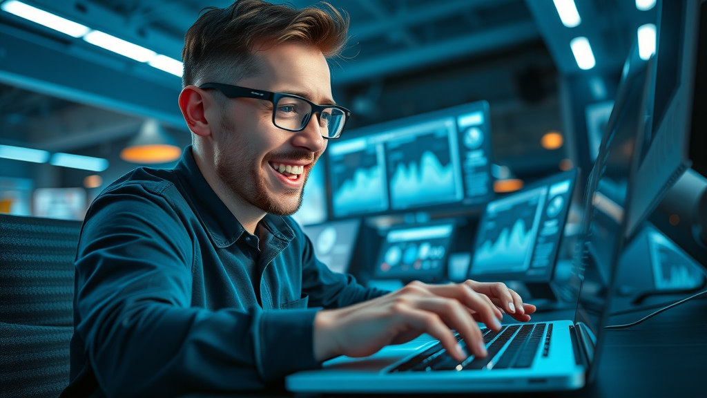 content creator at work on AI content, blog analytics, futuristic blog post optimization workspace