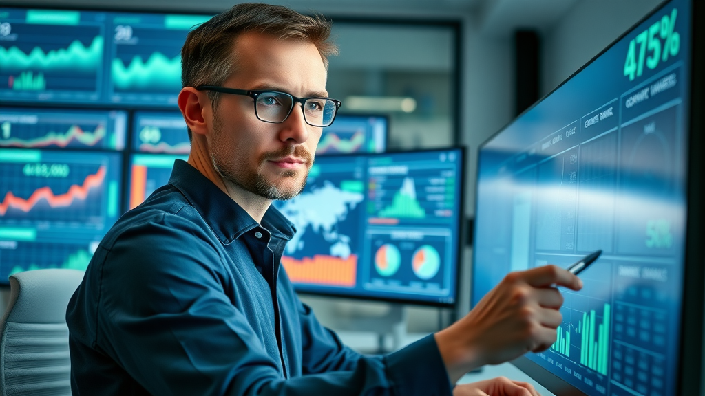 Marketer Analyzing AI-Driven Personalization Dashboard and Customer Data Charts