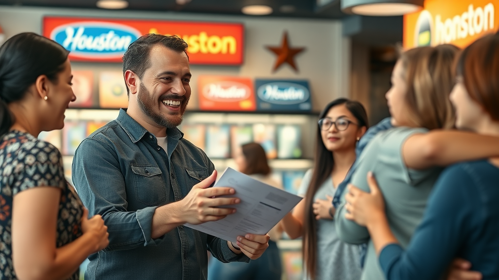 Houston small business owner using AI customer segmentation to explain loyalty program to diverse customers.