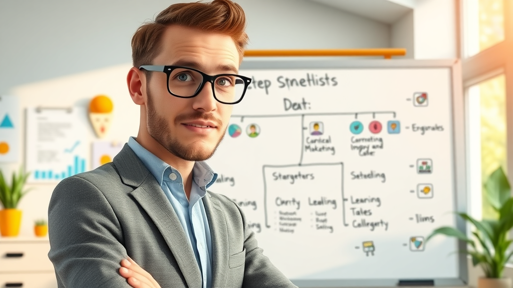 Marketing strategist following data-driven marketing strategy workflow on whiteboard