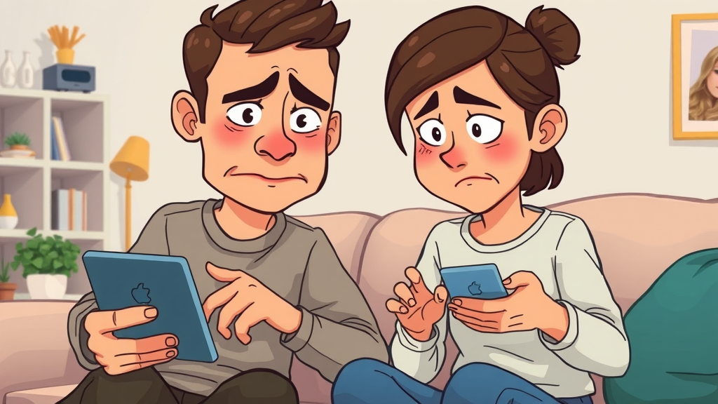 frustrated users ignoring recommendations, dissatisfaction with suggestion algorithms, 2D cartoon style on personal devices