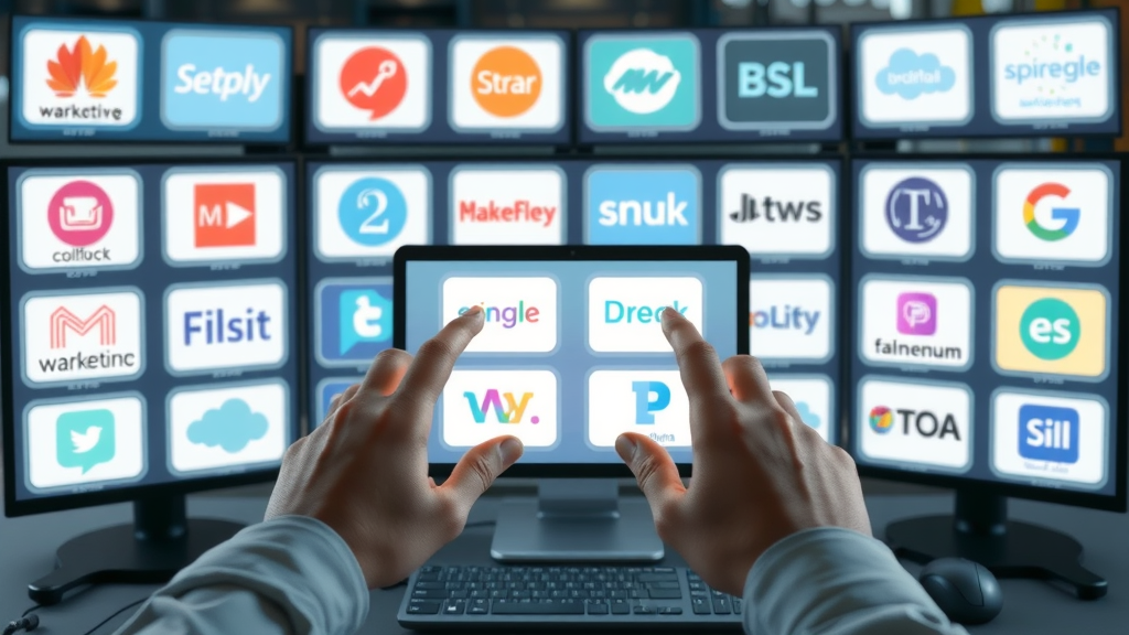 Array of top marketing automation platform logos displayed on digital screens, modern workspace, selecting software icons