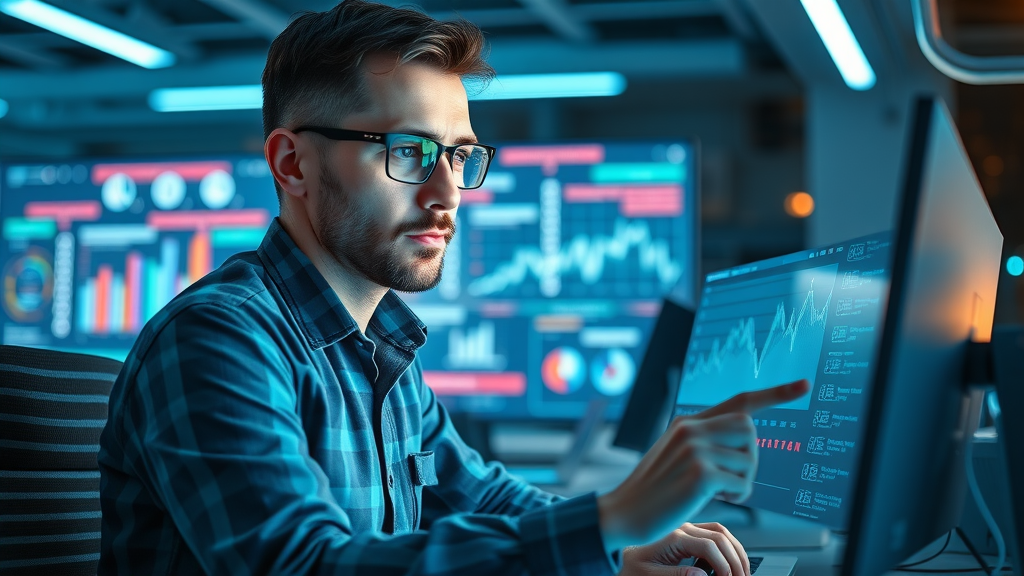 Contractor reviewing AI predictive analytics for lead generation on computer.
