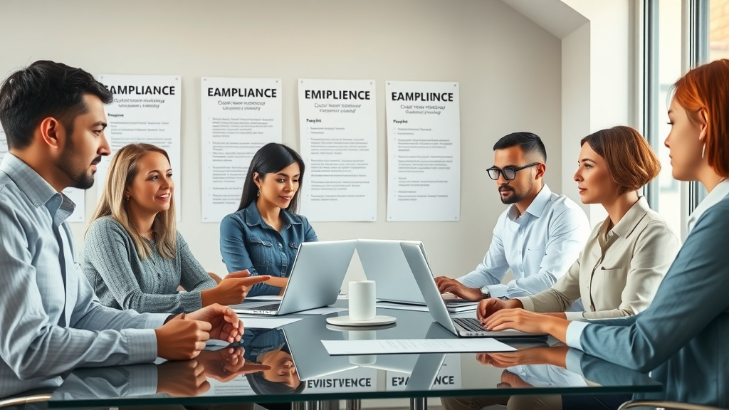 Ethical marketing team discussing AI writing disclosure policies, compliance, collaboration, conference room