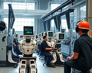 early stratalyst development, hopeful expression, pursuing innovation, photorealistic, bustling tech hub in daylight, highly detailed, advanced robotics labs, collaborative teams, subtle earth tones, bright natural light, shot with a telephoto lens