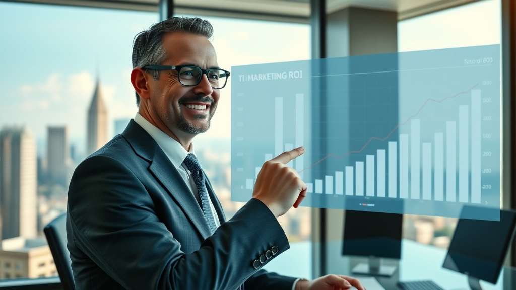 predictive analytics marketing executive analyzing ROI dashboard in elegant boardroom, rising ROI charts, detailed and financial overlays