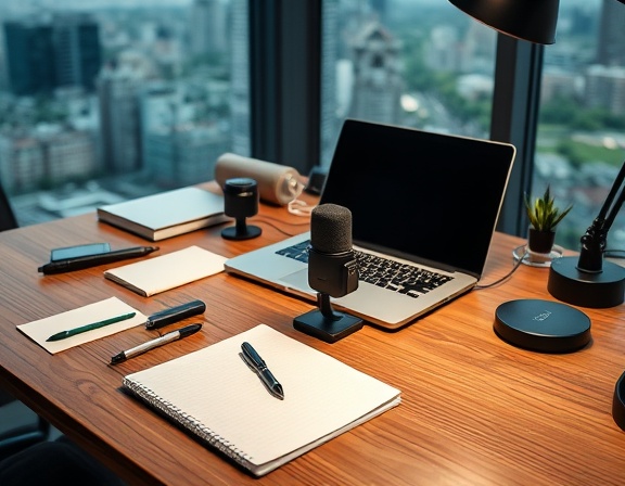 organized blogging tools, efficient, arranged neatly on a desk, photorealistic, wooden desk with a view of a cityscape, highly detailed, pens, notepads, a laptop, and a microphone, macro lens, earthy tones, ambient lighting, shot with a Nikon D850