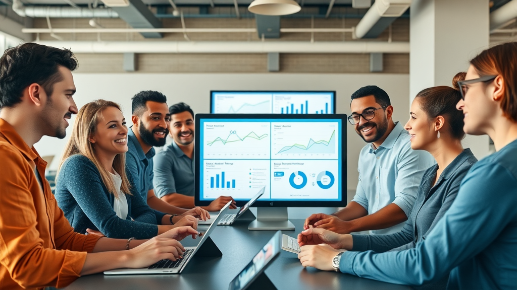 Diverse marketing team discussing campaigns and workflow analytics via AI marketing software