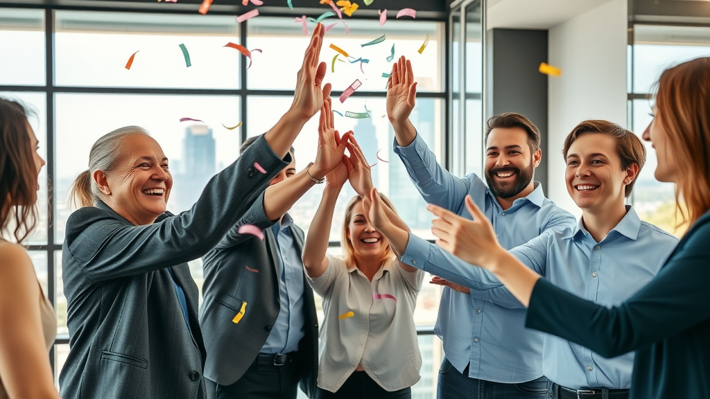 Happy Houston business team celebrating content personalization success in modern office, with city skyline window view and confetti during daylight.