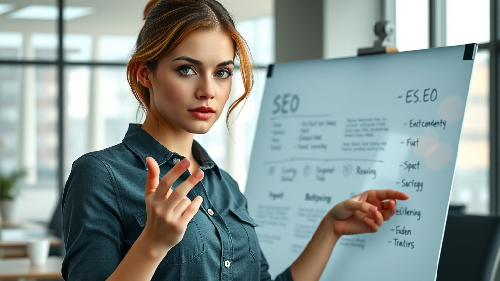 confident content strategist mapping SEO elements onto digital whiteboard for content optimization techniques