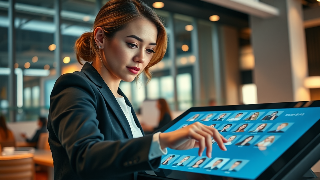 businesswoman reviewing target audience segments for data-driven marketing strategies and campaign alignment